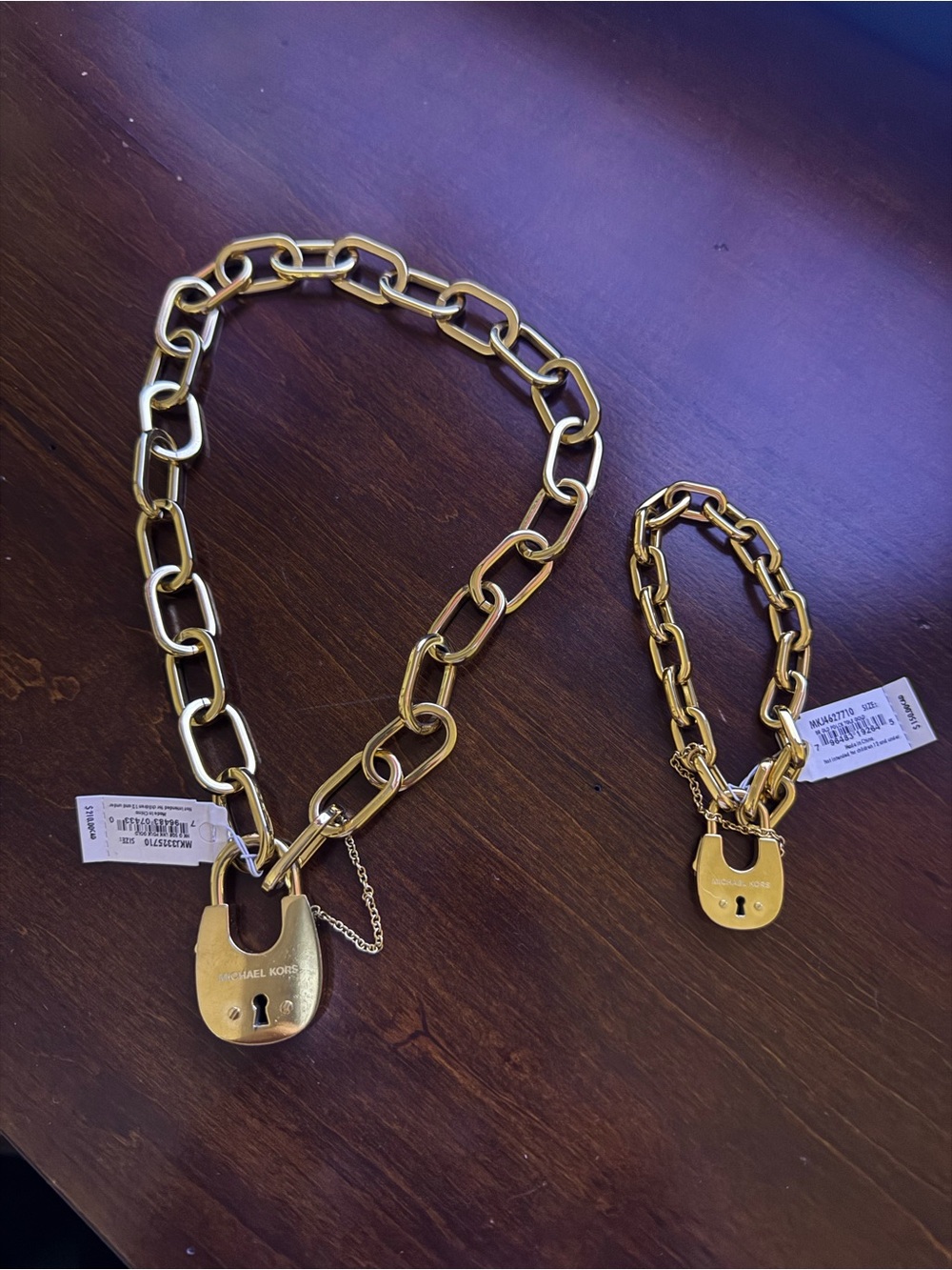Michael Kors Gold Padlock Chain Necklace and Bracelet Set - Shiny Gold Tone